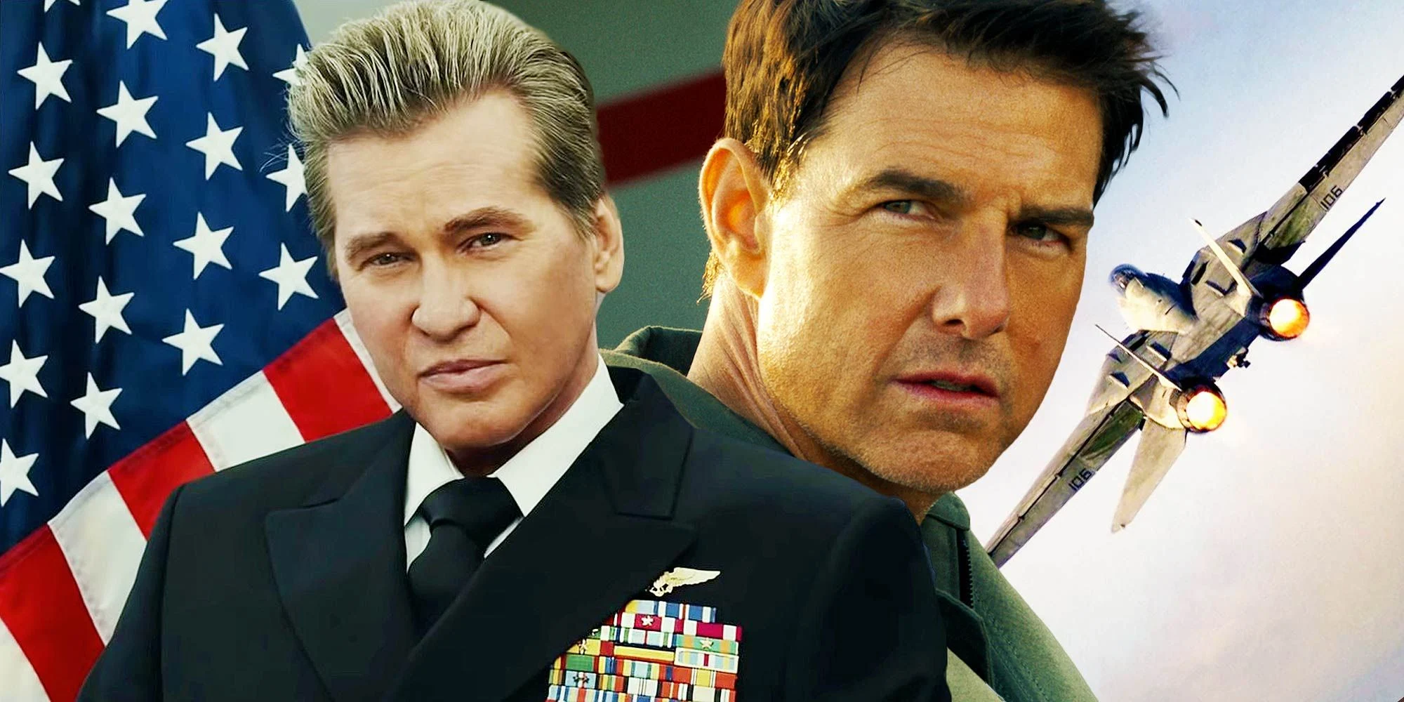 Top Gun Stars Tom Cruise and Val Kilmer beside the American flag and a fighter jet