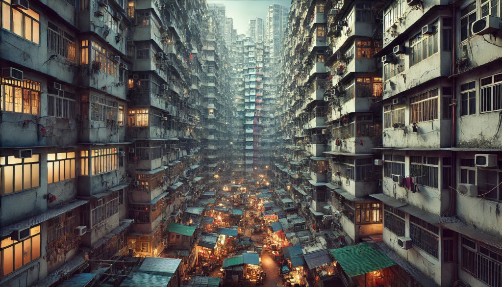 A photorealistic depiction of Kowloon Walled City in the 1980s